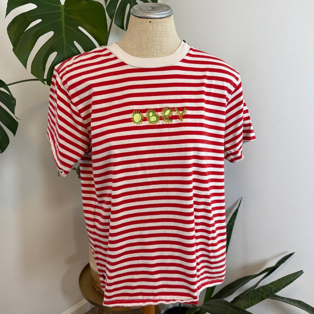 OBEY‎ Worldwide Red White Stripe Embroidered Logo T Shirt Mens Size M